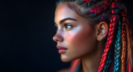 Fototapeta premium A portrait of a young woman with intricately braided hair dyed in a spectrum of colors, creating a striking visual against a dark background.