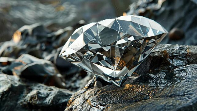 A large, clear diamond rests on a bed of rough, black rock