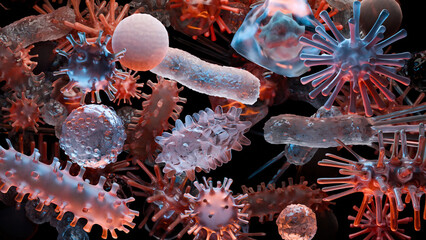 Different types of virus and bacteria and microbe and germs set, Microbiology organism, biology microorganism infection, Types of pathogens, Illness or disease cells, Pathogenic, vein, 3d render © MohammedElAmine