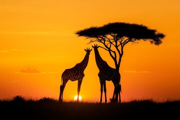 Two giraffes standing near acacia tree during golden hour