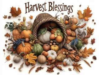 Harvest Blessings Cornucopia with Autumn Vegetables and Fruits