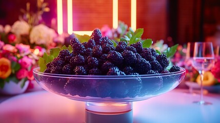 Elderberries resting sleek rotating platform futuristic healthfocused popup event bright detox water vibrant neon lighting softly glowing behind promoting blend of wellness creativity Scientific name