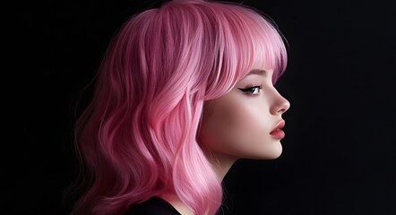 Fototapeta premium A young woman with bright pink hair falling in soft waves, reflecting the light against a black background.