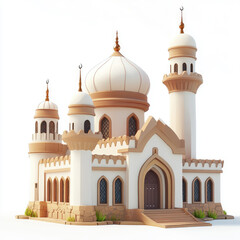 3D cartoon. a simple small mosque, A large white and blue building with gold accents, on a solid white background