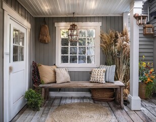 Charming entryway with a vintage bench and rustic decor accents