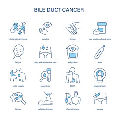 Bile Duct Cancer symptoms, diagnostic and treatment vector icon set. Medical icons.	