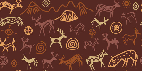 A series of petroglyphs, cave drawings, vector design, seamless pattern	