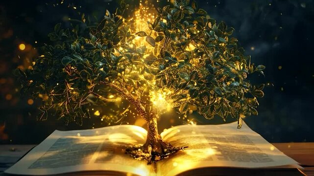 Magic book with glowing tree emerging from pages in a slow motion effect