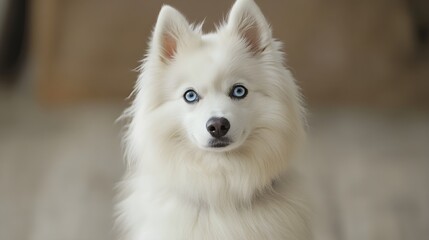 Fototapeta premium A fluffy Pomsky dog sitting gracefully on a , showcasing its striking blue eyes and playful demeanor