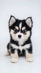 Fototapeta premium A Pomsky puppy with a curious expression, posed playfully on a minimalistic light background, highlighting its adorable features