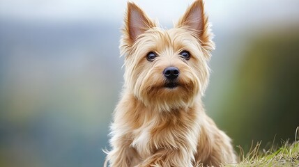 A fluffy Norwich Terrier sitting on a , showcasing its distinctive coat and lively expression