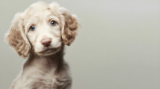 A playful Weimardoodle puppy with fluffy fur, gazing curiously at the camera against a light solid color backdrop
