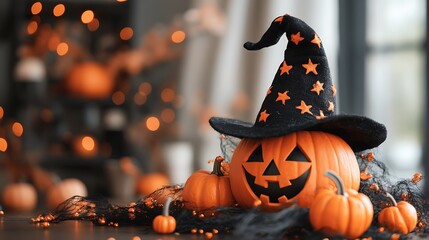 Jack o' lantern wearing a witch's hat for Halloween decoration