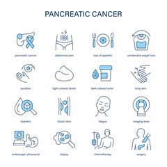 Pancreatic Cancer symptoms, diagnostic and treatment vector icon set. Medical icons.	