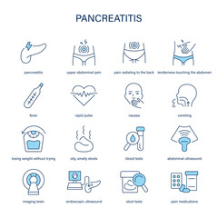 Pancreatitis symptoms, diagnostic and treatment vector icon set. Medical icons.	