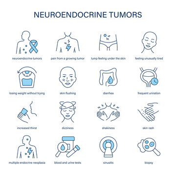 Neuroendocrine Tumors symptoms, diagnostic and treatment vector icon set. Medical icons.	