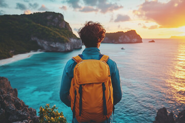 Fototapeta premium Solo Traveler Gazing at Sunset Over Tropical Island