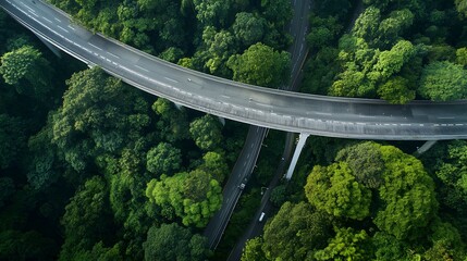 A panoramic view of an elevated aerial road with lush greenery below, illustrating a harmonious blend of nature and modern infrastructure