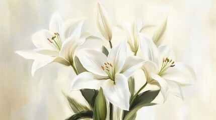 A serene depiction of white lilies in a soft, blurred background.