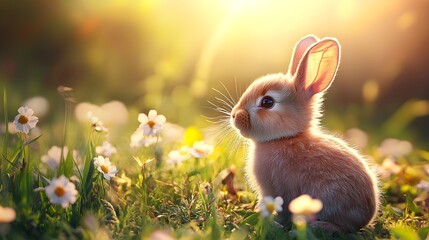 A fluffy baby rabbit sitting in a field of wildflowers, with soft sunlight illuminating its fur, creating a warm and inviting scene