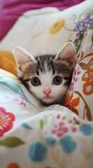 A tiny kitten peeking out from behind a colorful cushion, with aenhancing its adorable features