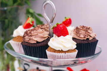 Candy bar at celebration party. Close up of sweets, cakes, pastries, muffins with strawberries.