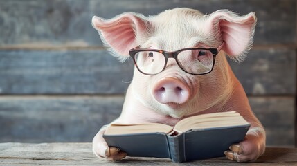 A pig wearing glasses and reading a book, representing intelligence and education among farm animals © PondLord