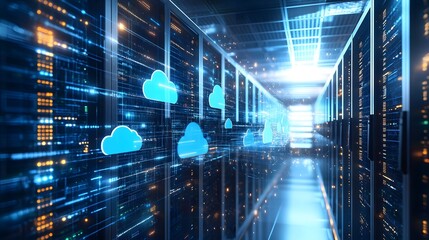 Obraz premium Server Room with Cloud Computing Symbols and Digital Data