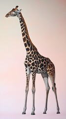 Naklejka premium A lone giraffe stretching its neck towards the sky, set against a gentle gradient background, emphasizing its long legs and unique spots