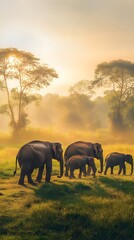 Fototapeta premium A group of elephants walking gracefully through a serene landscape, surrounded by gentle sunlight and soft colors