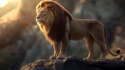 Obraz premium A majestic lion standing on a rocky outcrop, gazing into the distance with a serene expression, soft sunlight illuminating its mane