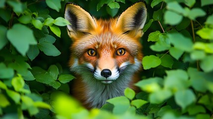 Obraz premium A close-up of a red fox with bright, attentive eyes, surrounded by lush green foliage, capturing the essence of its wild habitat