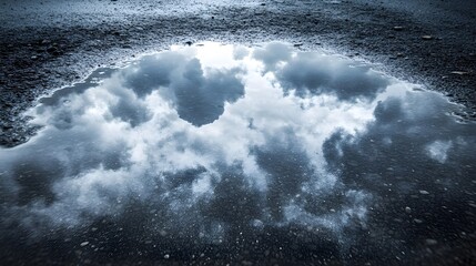 A close-up of stormy clouds mirrored in a shallow puddle, with the dark, brooding sky above intensifying the atmosphere of emotional unrest and tension 
