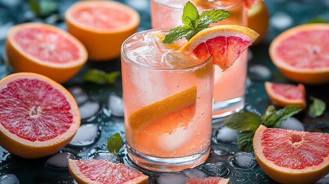 Grapefruitinfused mojitos served vibrant rooftop summer party colorful neon lights and healthconscious guests enjoying fresh tropical drinks in the lively night scene Scientific name Citrus paradisi