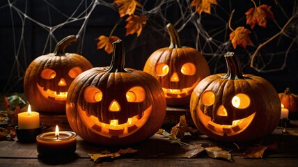 Festive Halloween-themed image featuring four carved pumpkins with glowing, candle-lit faces. The pumpkins are arranged on a wooden surface, surrounded by scattered autumn leaves.