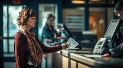 Woman handing boarding pass to airline check in agent
