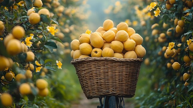 Guavas packed woven basket sitting back of a bicycle in a quiet rural lane with tall grass and flowers lining the path invoking a simple and nostalgic countryside life Scientific name Psidium guajava