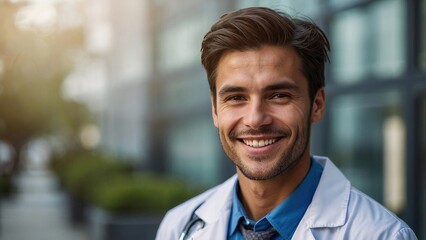 Obraz premium Young male doctor smiling outdoors during sunset in a professional medical coat with a stethoscope around his neck