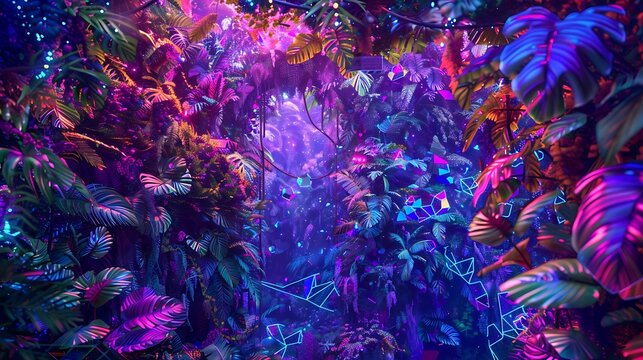 A vibrant, neon-lit jungle scene with glowing leaves and abstract shapes.