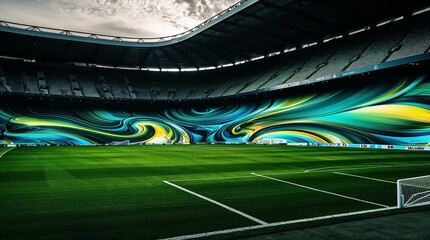 A grand soccer stadium with vibrant abstract art on screen.