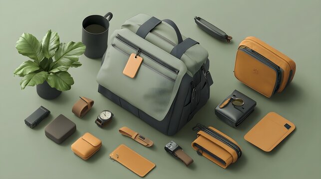 A personalized travel bag with a custom name tag attached, displayed as part of an adventure gift set, with sleek design and outdoor-themed accessories arranged around it in a 3D illustration 