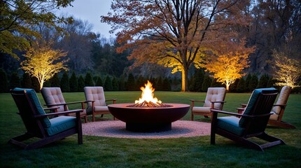 Fototapeta premium Cozy outdoor fire pit surrounded by chairs and illuminated trees.