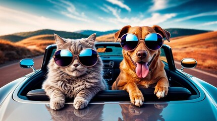 Cat and dog wearing sunglasses in a convertible, enjoying a ride