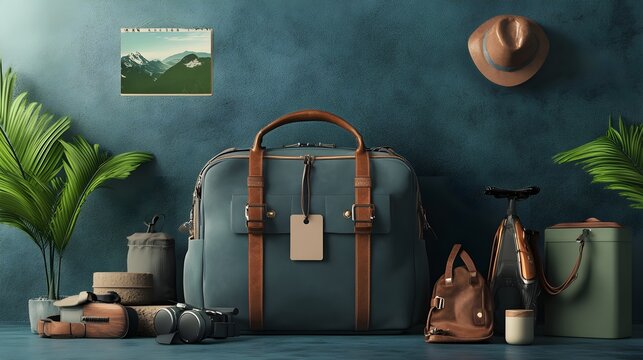 A personalized travel bag with a custom name tag attached, displayed as part of an adventure gift set, with sleek design and outdoor-themed accessories arranged around it in a 3D illustration 