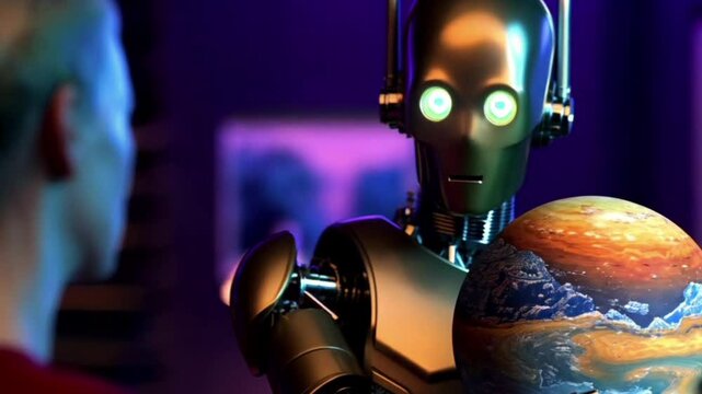 robot clutching a planet with intense curiosity and analysis