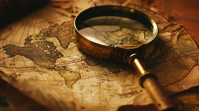 Magnifying glass over vintage world map for travel exploration in slow motion video