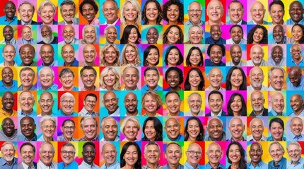 Colorful portrait collage featuring people in diverse backgrounds.