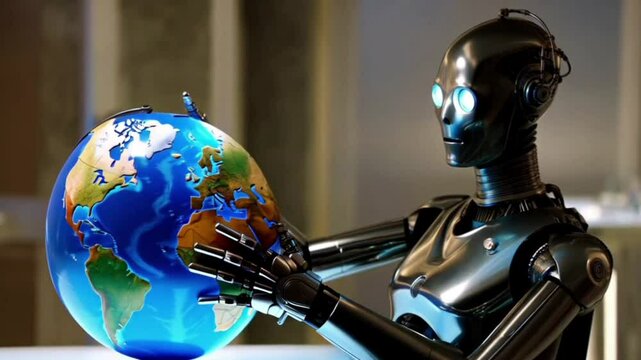 robot with a globe, futuristic android with a planet, exploring it in hand