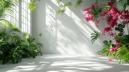 White Room with Greenery and Pink Flowers, Illuminated by Sunlight