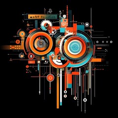 Obraz premium Abstract geometric design with gears, circles, and lines on a black background.